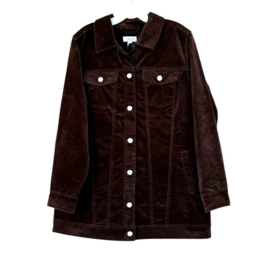 Denim & Co. Women's Stretch Velveteen Button Front Long Jacket Dark Chocolate S - Picture 8 of 9
